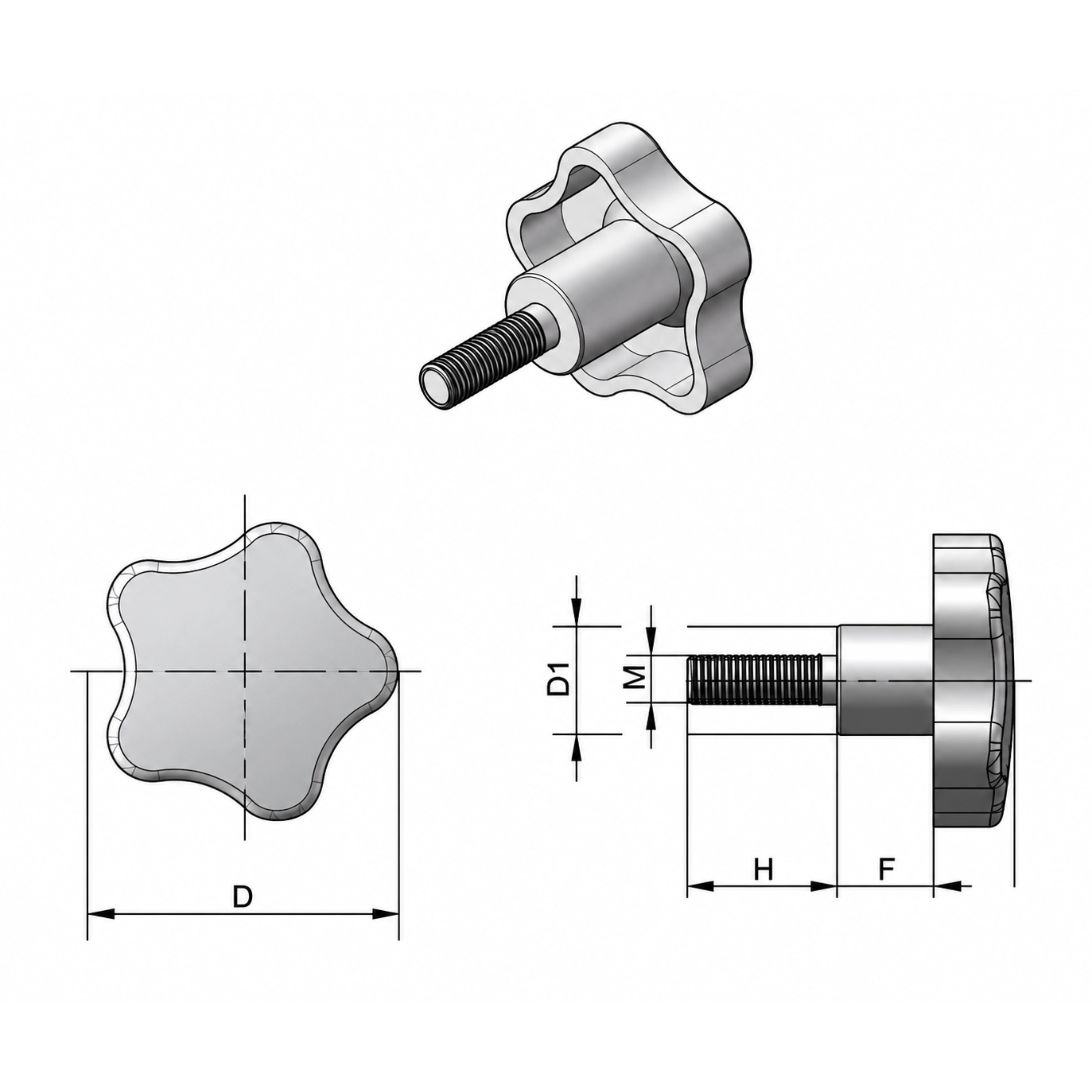 Pokrętło gwiazdowe stal nierdzewna 60mm śruba M12x50 pięcioramienne INOX T55