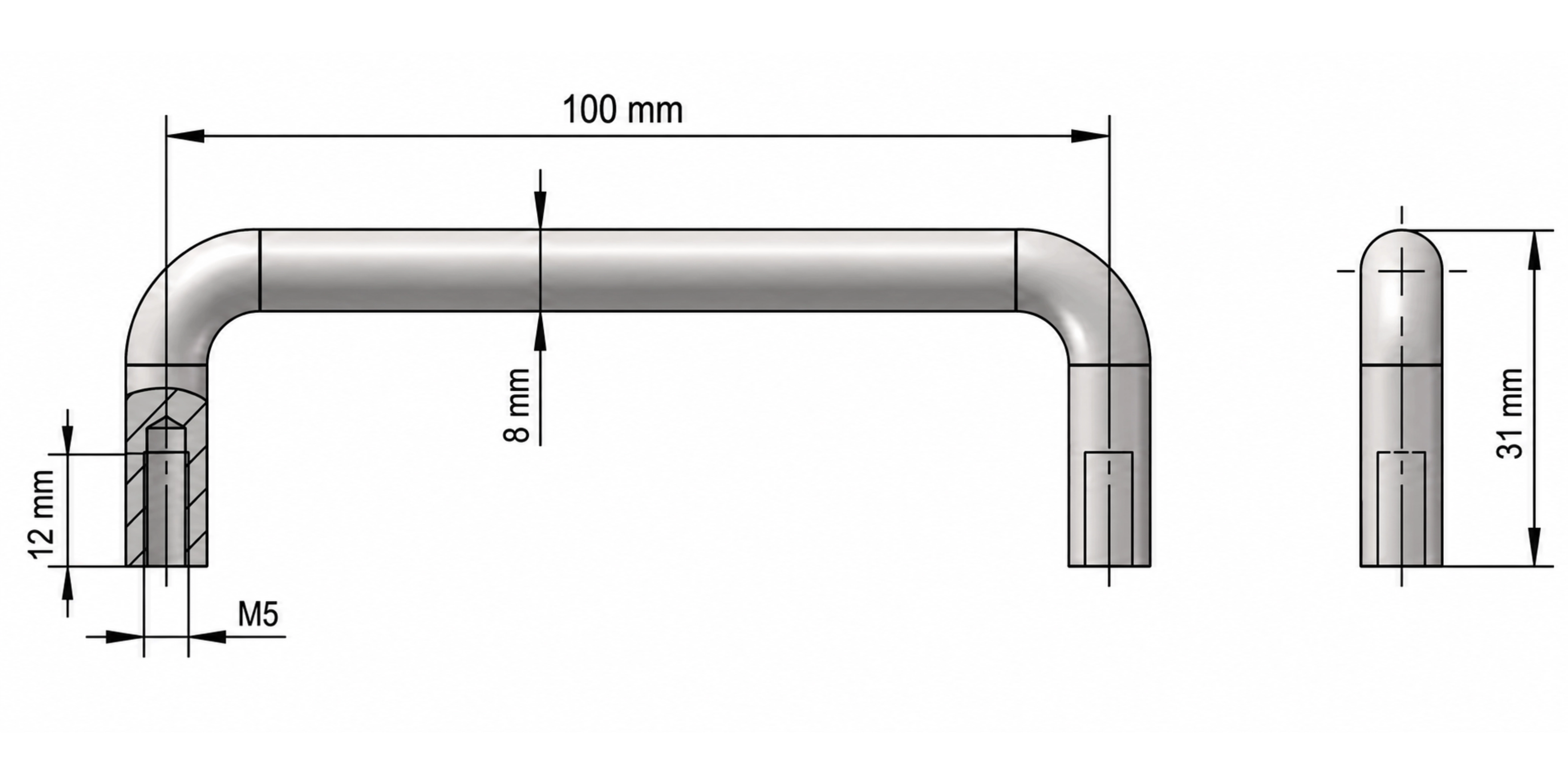 Uchwyt pałąkowy stalowy 100mm otwory M5 chromowany przemysłowy L12_100