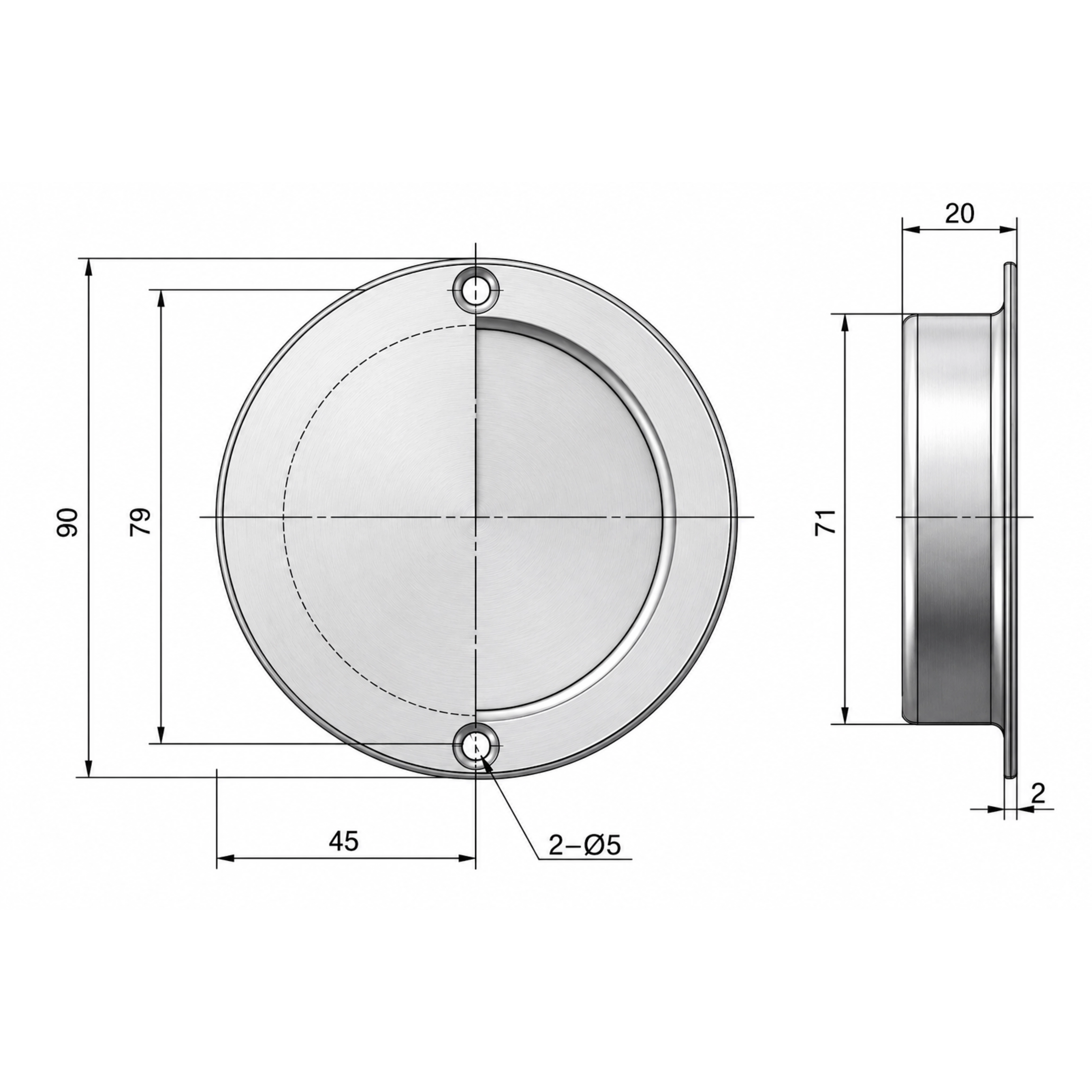 Uchwyt wpuszczany okrągły 90 mm stal nierdzewna INOX M42B