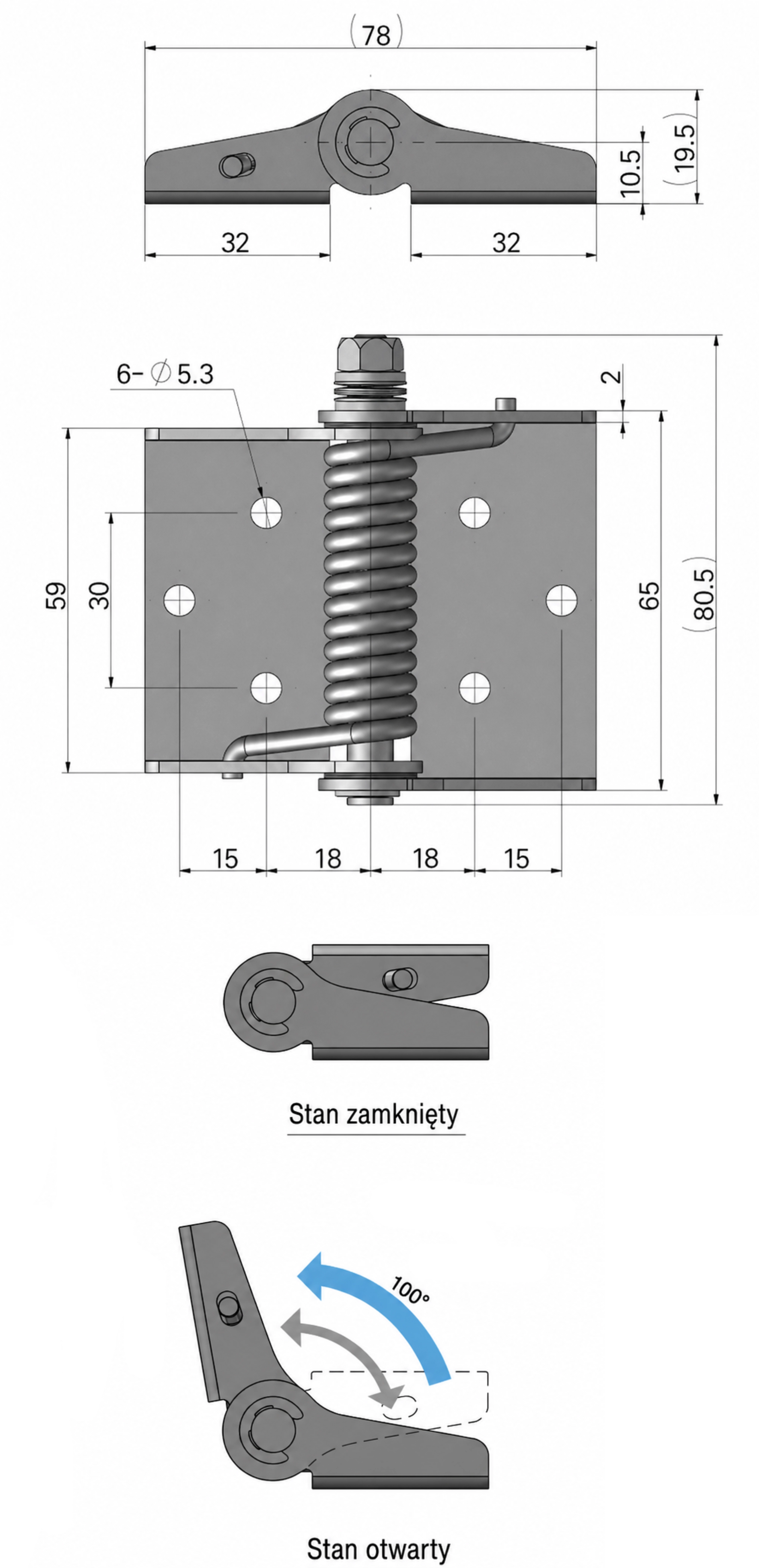Zawias momentowy wspomagany sprężyną A=80,5 B=78, stal nierdzewna, regulowany, zewnętrzny, INOX K255B_E