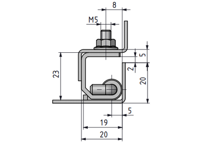 Zawias wewnętrzny stalowy 20x92 mm, zagięcie drzwi 23 mm, ocynk, mocowanie M5x11 mm, do wspawania
