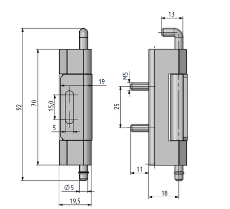 Zawias wewnętrzny stalowy 20x92 mm, zagięcie drzwi 23 mm, ocynk, mocowanie M5x11 mm, do wspawania