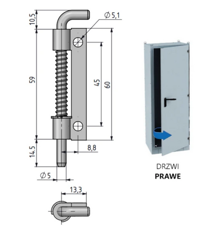 Zawias sprężynowy stalowy 30x84 mm prawy, do szaf przemysłowych