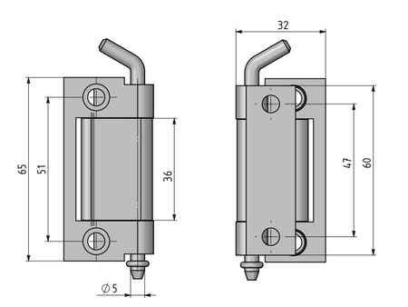 Zawias wewnętrzny 32,5x65mm zagięcie 20mm stal