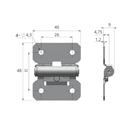 Zawias skrzydełkowy nierdzewny zatrzymujący się, A=40 B=48, 4-otworowy, INOX
