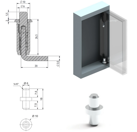 Zawias wewnętrzny poliamidowy 13x35 mm, sprężynowy, do osłon maszyn