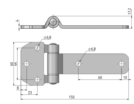 Zawias płaski stalowy A=60 B=150, lakierowany czarny, 5-otworowy