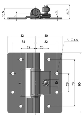 Zawias skrzydełkowy nierdzewny A=82 B=90, regulowany, 8-otworowy, INOX