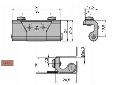 Zawias wewnętrzny metalowy 57x24,5 mm, ocynkowany, do drzwi zagiętych 18–27 mm