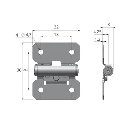 Zawias skrzydełkowy nierdzewny zatrzymujący się, A=32 B=36, 4-otworowy, INOX
