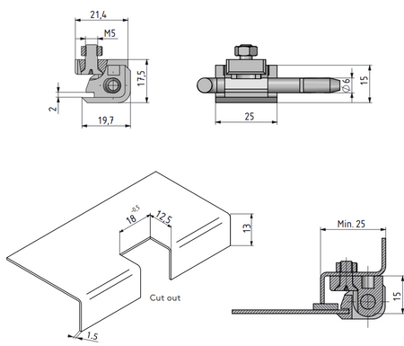 Zawias narożny poliamidowy 15x25 mm na panel 1,5 mm, PA6 i stalowy sworzeń 