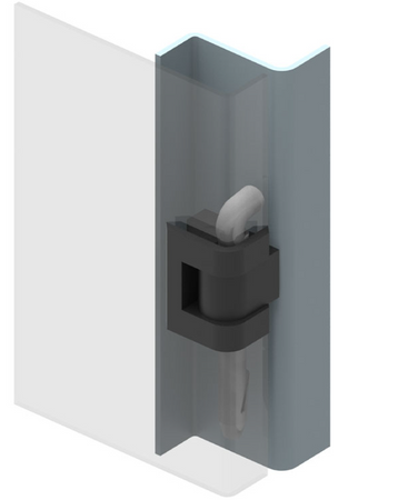 Zawias narożny poliamidowy 15x25 mm na panel 1,5 mm, PA6 i stalowy sworzeń 