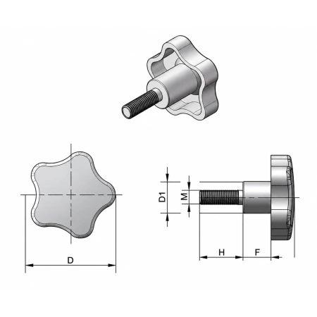 Pokrętło gwiazdowe stal nierdzewna 40mm śruba M8x30 pięcioramienne INOX