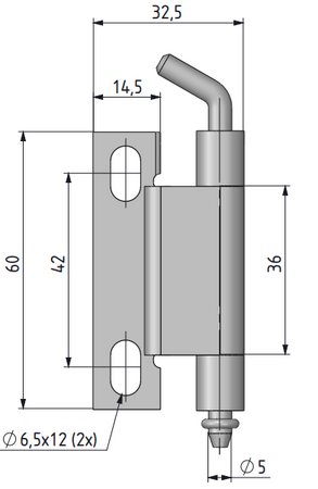 Zawias wewnętrzny nierdzewny 32,5x60 mm, zagięcie drzwi 20 mm, otwory ⌀6,5x12 mm, INOX