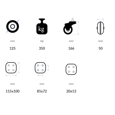 Koło przemysłowe 125 mm/350 kg bez hamulca, płyta, aluminiowy rdzeń + poliuretan (PU)