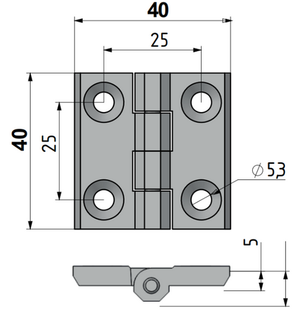 Zawias skrzydełkowy poliamidowy A=40 B=40 l=25, 4-otwory M5, PA6