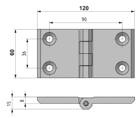 Zawias skrzydełkowy metalowy A=60 B=120, lakierowany czarny, 4-otwory, ZnAl
