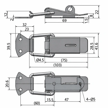 Zatrzask kolankowy stal 103x41,6mm zapinka kłódka