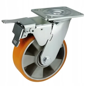Koło przemysłowe 125 mm/350 kg z hamulcem, płyta, aluminiowy rdzeń + poliuretan (PU)