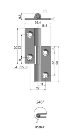 Zawias skrzydełkowy nierdzewny A=36,4 B=50, podnoszony, 4-otworowy, INOX PRAWY