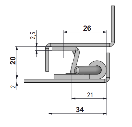 Zawias wewnętrzny stalowy 32,5x65 mm, zagięcie drzwi 20 mm, ocynk, otwory ⌀6,5 mm