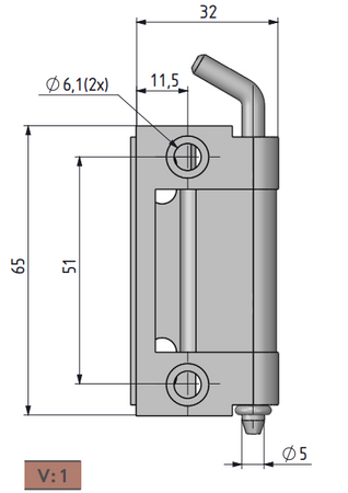 Zawias wewnętrzny stalowy 32,5x65 mm, zagięcie drzwi 20 mm, ocynk, otwory ⌀6,5 mm