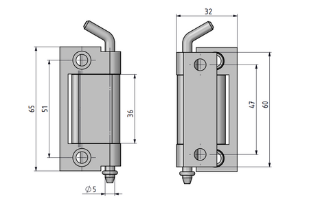 Zawias wewnętrzny nierdzewny 32,5x65 mm, zagięcie drzwi 20 mm, otwory ⌀6 mm/⌀5 mm, INOX