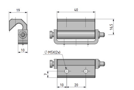 Zawias wewnętrzny do wspawania 19x60 mm  zagięcie drzwi 25 mm, anodowany mat, do wkrętów M5