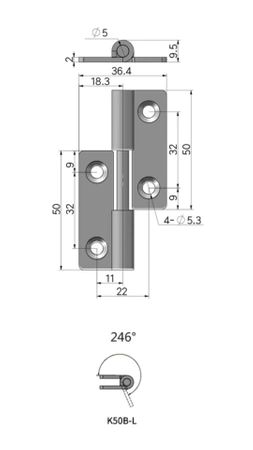 Zawias skrzydełkowy nierdzewny A=36,4 B=50, podnoszony, szlifowany, 4-otworowy, INOX PRAWY