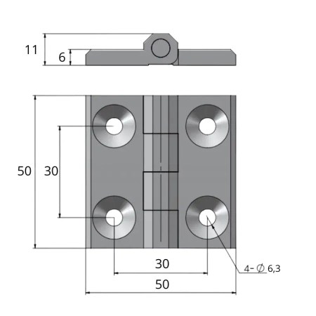 Zawias skrzydełkowy nierdzewny A=50 B=50 l=30, 4-otworowy, INOX
