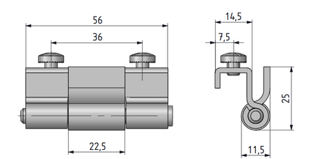 Zawias wewnętrzny stalowy 22x60 mm, zagięcie drzwi 22,5 mm, ocynk, mocowanie M5x5 mm, do spawania