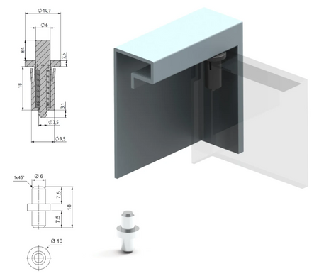 Zawias wewnętrzny 14,7x32 mm z poliamidu, sprężynowy