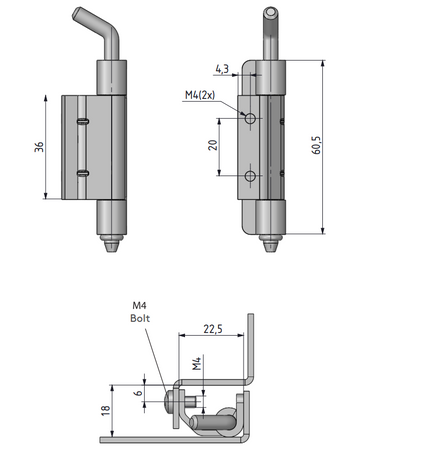 Zawias wewnętrzny stalowy 23x60 mm, zagięcie drzwi 18 mm, ocynk, otwory ⌀4 mm, do spawania