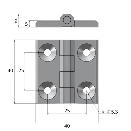 Zawias skrzydełkowy nierdzewny A=40 B=40 l=25, 4-otworowy, INOX