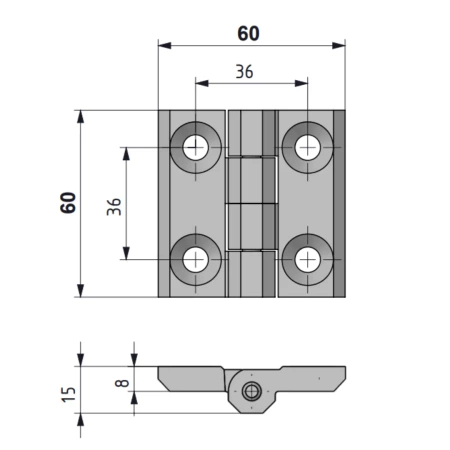 Zawias skrzydełkowy metalowy A=60 B=60 l=36, chromowany, 4-otwory, ZnAl