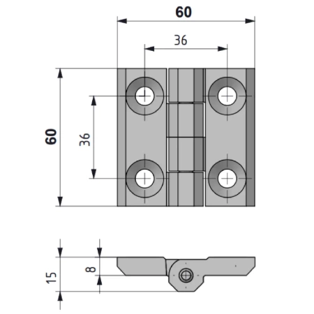 Zawias skrzydełkowy metalowy A=60 B=60 l=36, lakierowany czarny, 4-otwory, ZnAl
