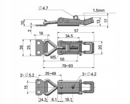 Zatrzask kolankowy nierdzewny regulacja 79-93mm na kłódkę INOX