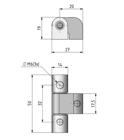 Zawias boczny 14x50x19 mm, ZnAl, 3 otwory, do szaf przemysłowych