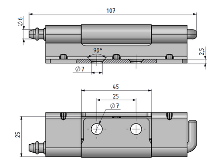 Zawias wewnętrzny nierdzewny 28,5x107 mm, zagięcie drzwi 25 mm, otwory ⌀7 mm, INOX