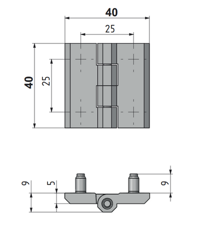 Zawias skrzydełkowy metalowy A=40 B=40 l=25, lakierowany czarny, 4-śruby M5, ZnAl