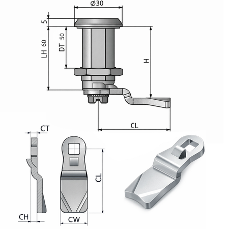 Zamek chromowany na trójkąt 9 mm, do drzwi o grubości 50 mm