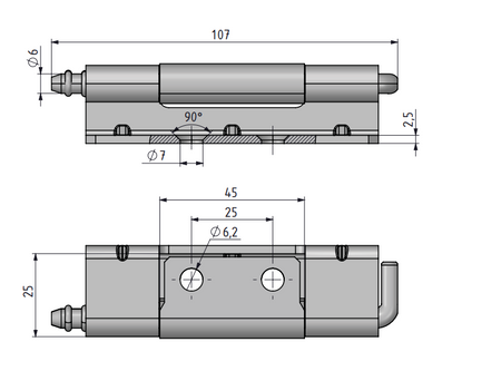 Zawias wewnętrzny stalowy 28x107 mm, zagięcie drzwi 24 mm, ocynk, do wkrętów 7 mm, do wspawania