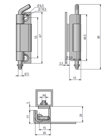 Zawias wewnętrzny stalowy 20x67 mm, zagięcie drzwi 20 mm, ocynk galwaniczny, do wkrętów 6,5 mm,  do wspawania