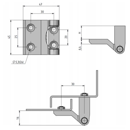 Zawias skrzydełkowy z łożyskiem Delrin A=45 B=47, H=0 lakierowany czarny, 4-otworowy, ZnAl