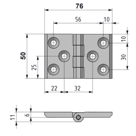 Zawias skrzydełkowy metalowy A=50 B=76, lakierowany czarny, 6-otworów, ZnAl