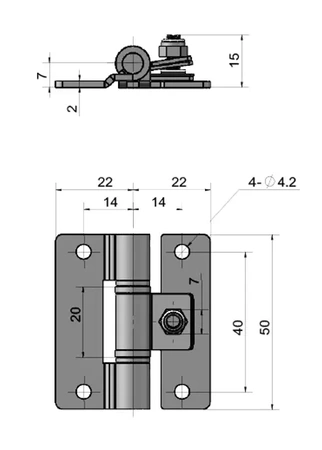 Zawias skrzydełkowy nierdzewny A=44 B=50, regulowany, 4-otworowy, INOX