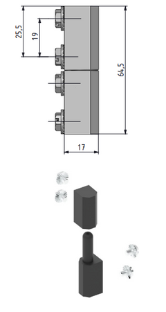 Zawias boczny 14x64,5x17 mm czarny, 4 otwory, podnoszony, sworzeń ZnAl, do szaf przemysłowych