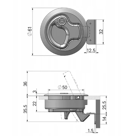 Zamek zatrzaskowy okrągły 61mm wpuszczany ABS zatrzask