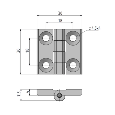 Zawias skrzydełkowy metalowy A=30 B=30 l=18, chromowany, 4-otwory, ZnAl