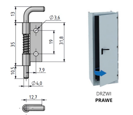 Zawias stalowy sprężynowy 19x60 mm, ocynkowany, prawy, z mocowaniem na 2 otwory
